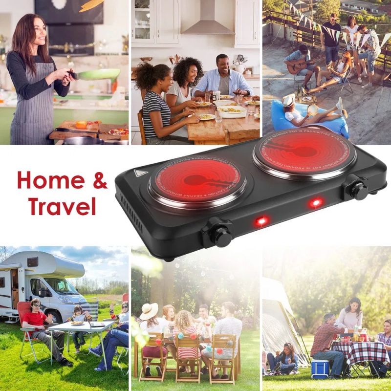 Infrared Dual Burner Hot Plate - 1000W & 800W  Glass Plates, Quick/Even Heating, 302-1022 Stepless Temp, Auto Shut-Off, Compatible with Flat-Bott (Option: Black)