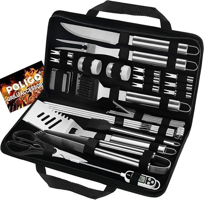 POLIGO 29 PCS BBQ Grill Accessories Stainless Steel BBQ Tools Grilling Tools Set With Storage Bag For Fathers Day Dads Birthday Presents - Campin (Color: Black)
