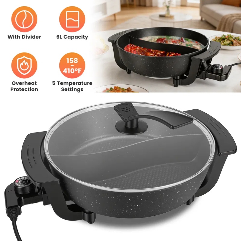 Dual-Flavor Electric Hot Pot 6L with Divider, 5 Temperature Control Non-Stick Shabu Shabu Pot, Complete Accessories Electric Cooker for Home Part (Option: as pic)