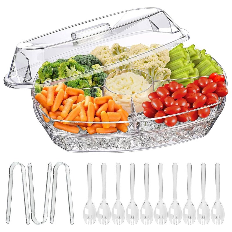 Fruit Ice Serving Tray Chilled Veggie Tray Shrimp Cocktail Serving Dish Appetizer Party Serving Platter Cold Food Buffet Server With Lid And 4 Co (Option: White)