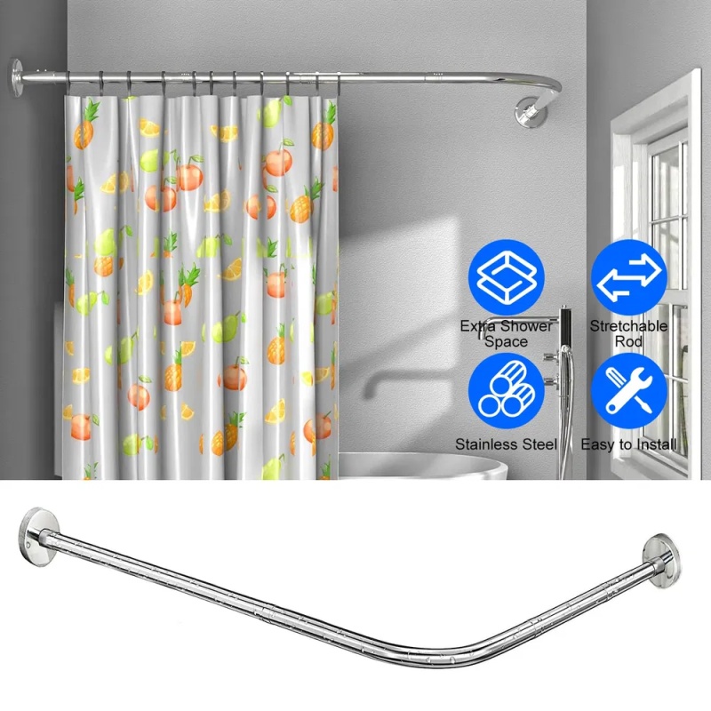 Adjustable L - Shaped Curved Shower Rod, Premium Stainless Steel Rust - Resistant Shower Curtain Rod, Expandable Rod with Extra Shower Space for (Option: Silver)