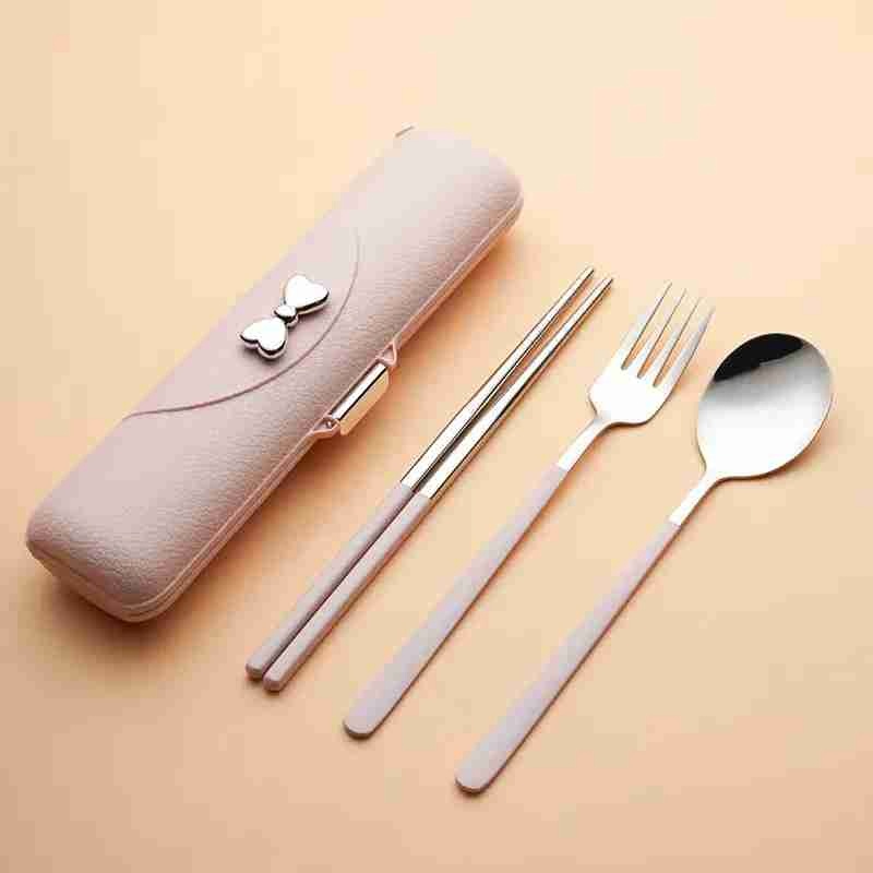 Travel Cutlery Set, 18/8 Stainless Steel Cutlery, Reusable Utensils Set With Case, Portable Silverware Lunch Box For Camping And Office (Option: pink)