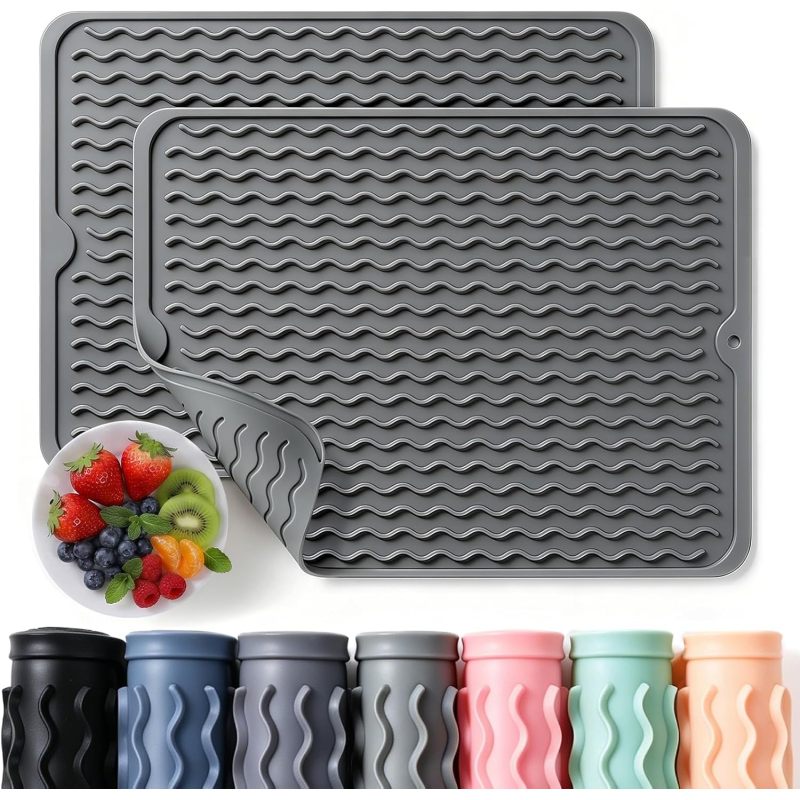 2 Pack Silicone Dish Drying Mats, Heat Resistant Waterproof Kitchen Counter Mats For Dishes, Utensils, Coffee Bar & Countertop Decor (Option: Gray)