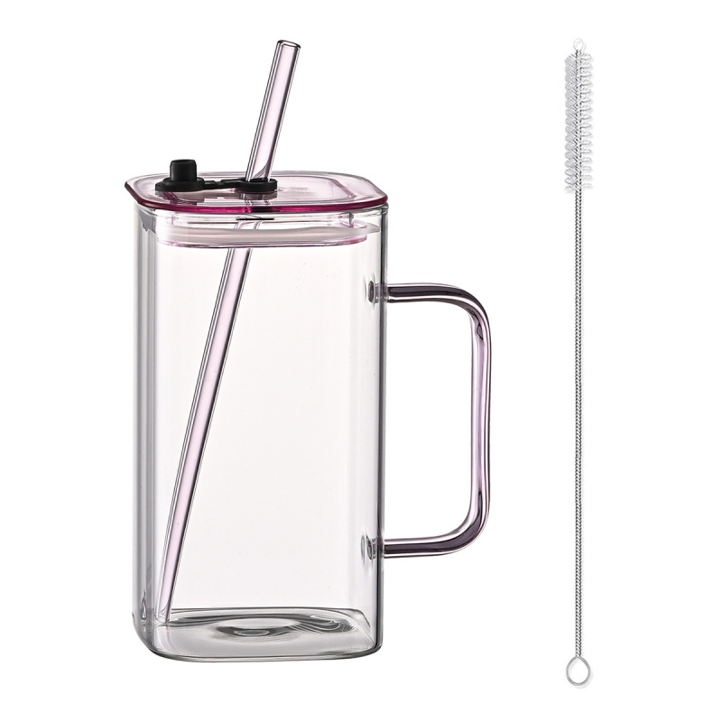 1 Pcs Pink Glass Straw Cup, 4 Colors Square Glass Cup With Straw And Lid, High Borosilicate Glass Cup, Milk Cup, Juice Cup, Cold Drink Cup, Coffe (Option: pink)