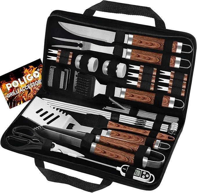 POLIGO 29 PCS BBQ Grill Accessories Stainless Steel BBQ Tools Grilling Tools Set With Storage Bag For Fathers Day Dads Birthday Presents - Campin (Color: Brown)