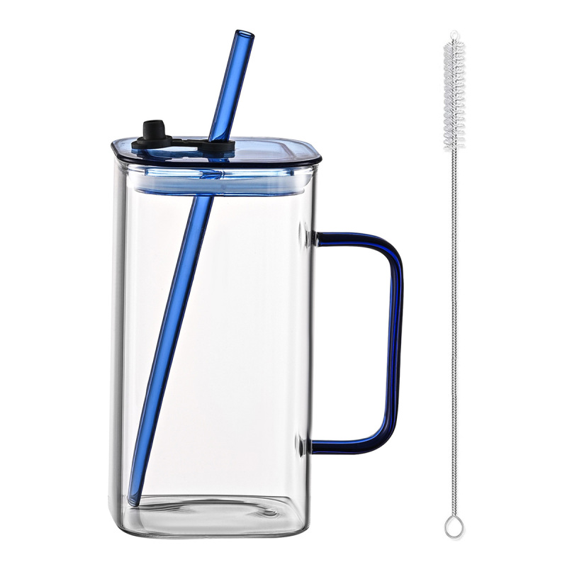 1 Pcs Blue Glass Straw Cup, 4 Colors Square Glass Cup With Straw And Lid, High Borosilicate Glass Cup, Milk Cup, Juice Cup, Cold Drink Cup, Coffe (Option: blue)