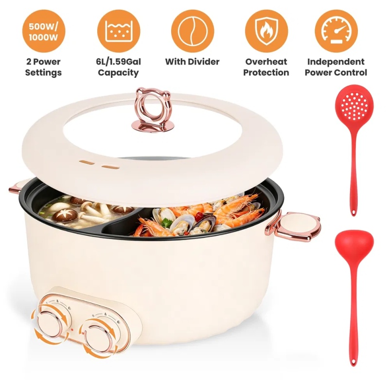 6 Liter Dual-Flavor Electric Shabu Shabu Hot Pot for 3-6 Guests, Non-Stick Coating Stainless Steel Hot Pot with Transparent Steam Vent Lid, Cool (Option: as pic)
