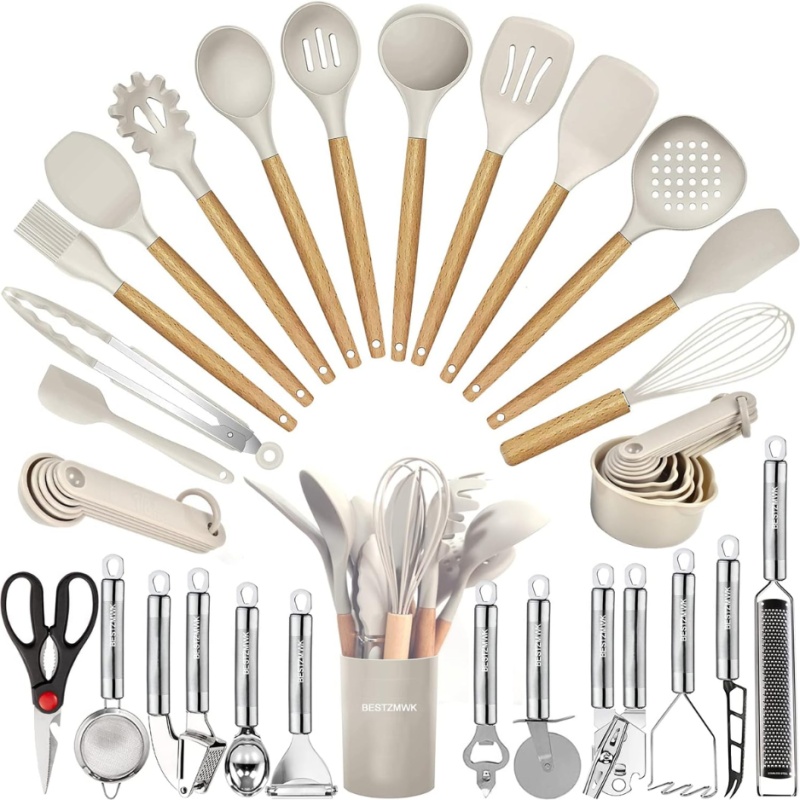 35 PCs Cooking Utensils With Grater,Tongs, Spoon Spatula  Turner Made Of Heat Resistant Food Grade Silicone And Wooden Handles (Option: Beige)