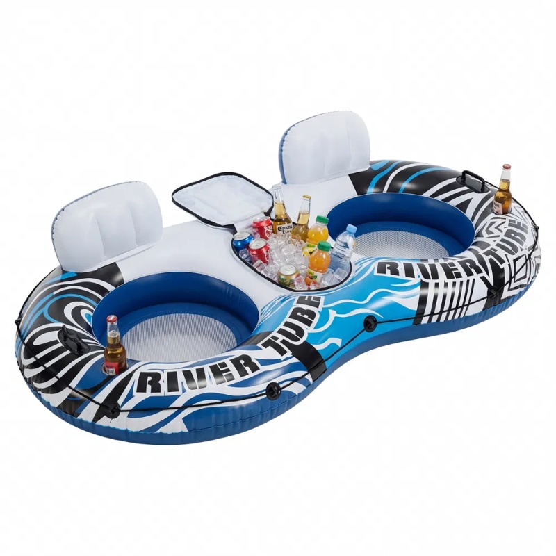 2 Inflatable River Floaters, Equipped With Detachable Refrigerators And Two Cup Holders, Featuring A Supportive Backrest, And With GRAP Ropes (Option: Whiteblue)