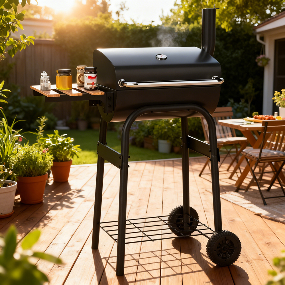 Barrel Charcoal Grill With Foldable Side Table And Thermostat (Option: Black)