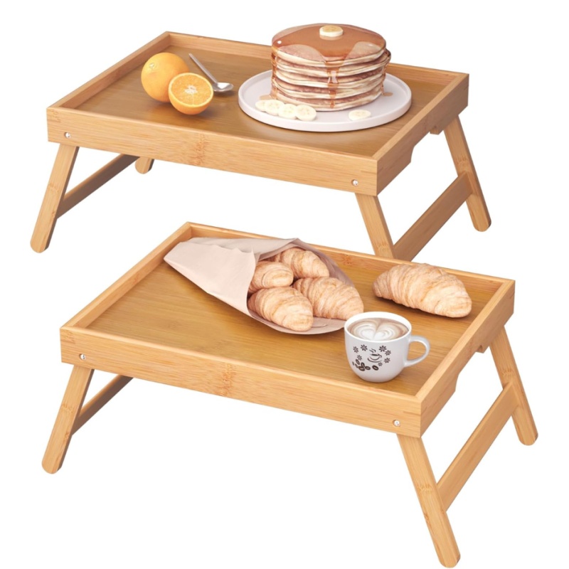 Fibogollo 2 Pack Bamboo Bed Tray Table With Folding Legs,Breakfast Trays,Serving Tray For Food And Snack,Laptop Trays For Working Natural (Option: Natural)