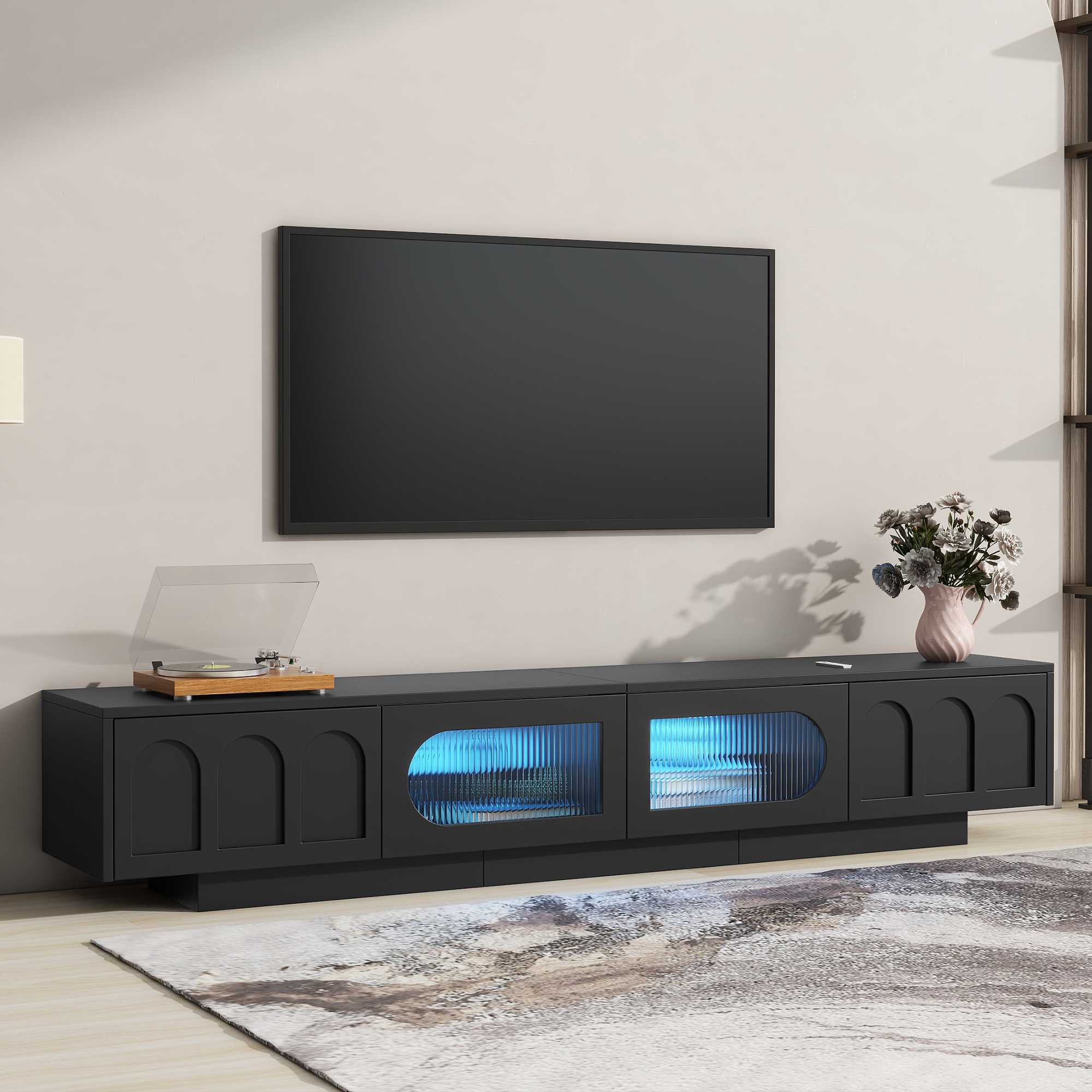 ON-TREND TV Stand With Fluted Tempered Glass Doors For TVs Up To 95 Functional Media Console With Arched Cabinet Doors, Entertainment Center With (Option: Black)