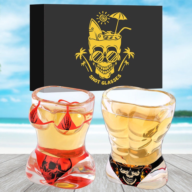 2 Pieces, Black Muscle Men's And Red Bikini Skull Style Glass Small Wine Glasses Bar Tools Christmas Gift, Halloween Gift, Birthday Gift, Company (Option: BlackRed)