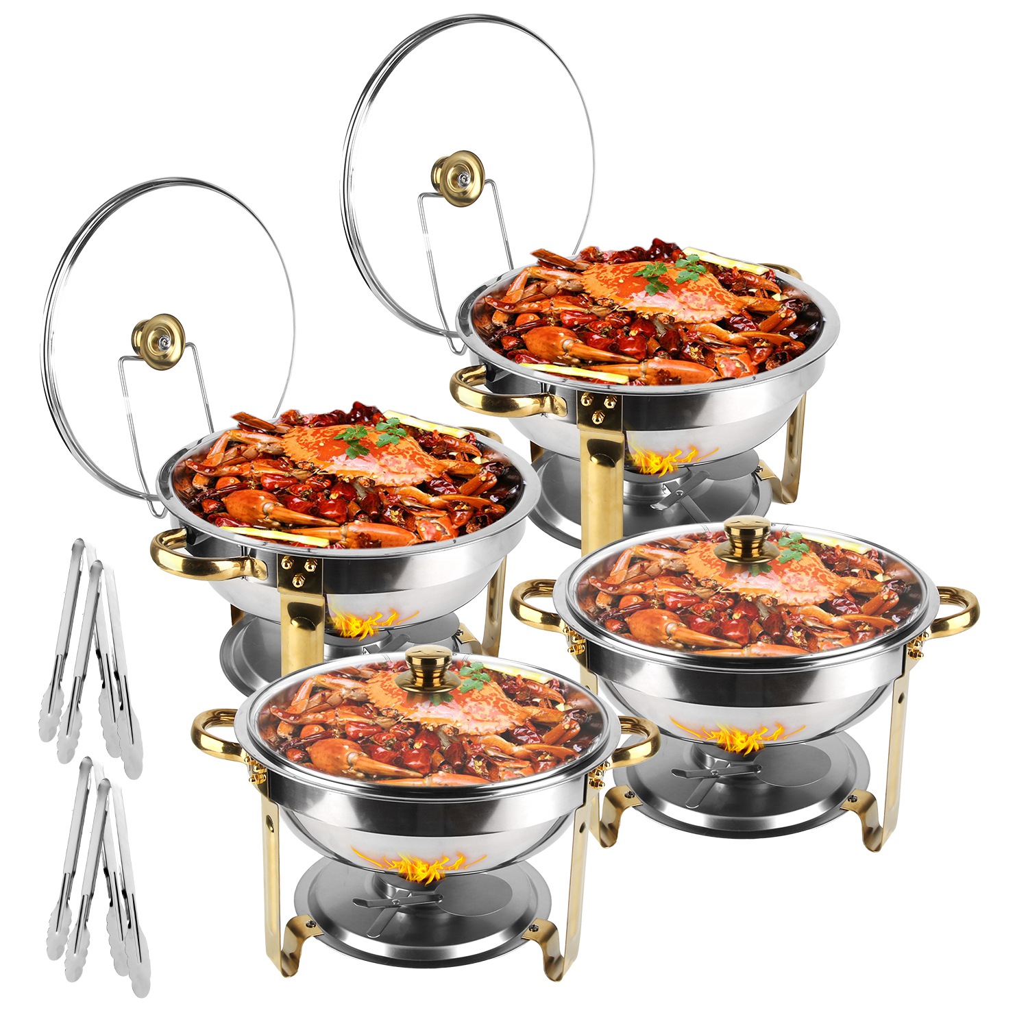 4Pcs Chafing Dish Buffet Set 4.76QT Round Buffet Servers Food Warmer Stainless Steel Catering Chafer With Glass Lid For Warming Cooling Gathering (Option: Silver)