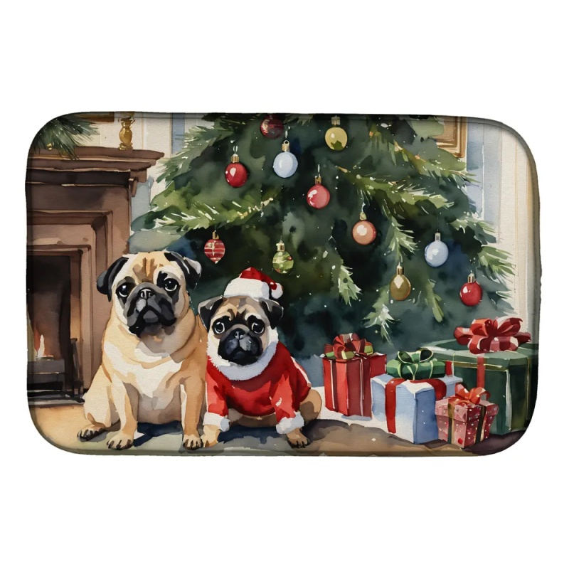 Pug Cozy Christmas Dish Drying Mat Absorbent Dish Drying Mat Pad for Kitchen Counter Dish Drainer Mat for Countertop, 14 x 21", Multicolor (Option: Default)