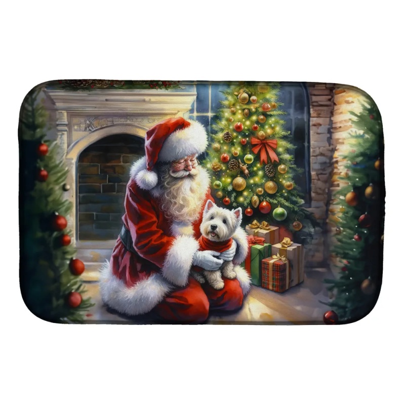 Westie and Santa Claus Dish Drying Mat Absorbent Dish Drying Mat Pad for Kitchen Counter Dish Drainer Mat for Countertop, 14 x 21", Multicolor (Option: Default)