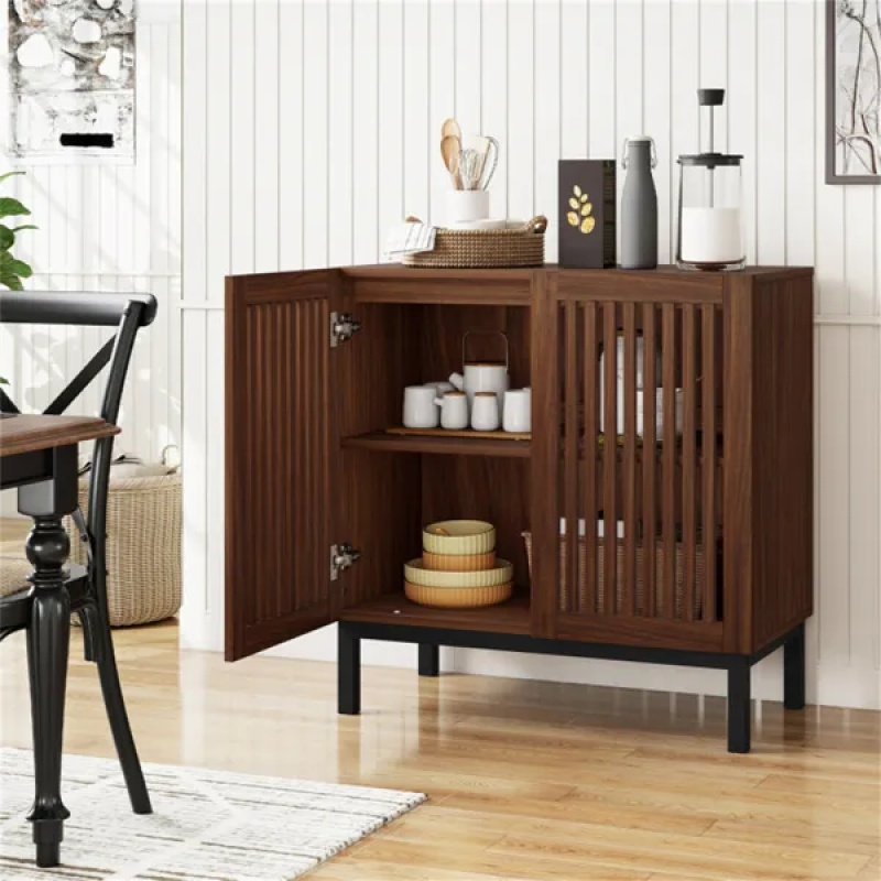 32" Buffet Sideboard Cabinet With 2 Doors, Farmhouse Storage Cabinet (Walnut + Black) With Adjustable Shelf (Option: defaulttitle)