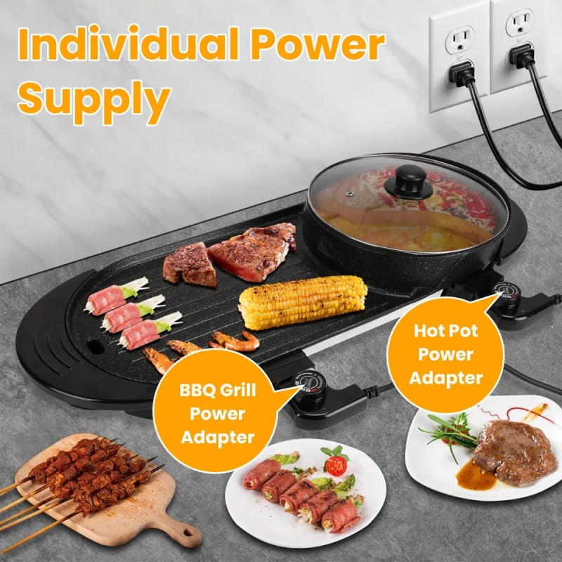 2200W Electric Hot Pot and Grill Combo, 2 in 1 Independent Control Non-Stick Electric Cooker, Smokeless Grill with Hot Pot for 2-10 Persons (Option: Black)