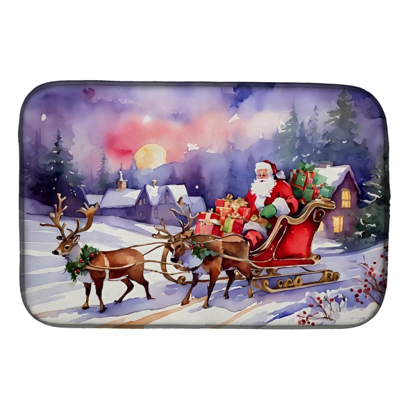 Christmas Santa and Sleigh Dish Drying Mat Absorbent Dish Drying Mat Pad for Kitchen Counter Dish Drainer Mat for Countertop, 14 x 21", Multicolo (Option: Default)