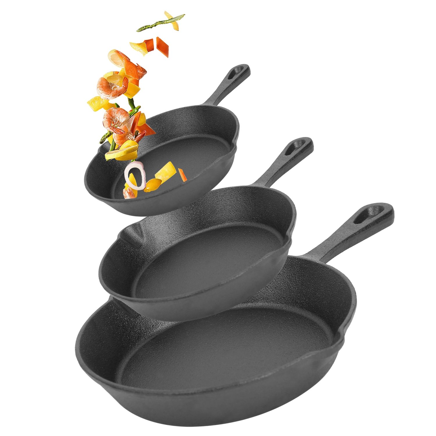 3Pcs Pre-Seasoned Cast Iron Skillet Set 6in 8in 10in Non-Stick Oven Safe Cookware Heat-Resistant Frying Pan For Frying Cooking Baking (Option: 3Pcs)