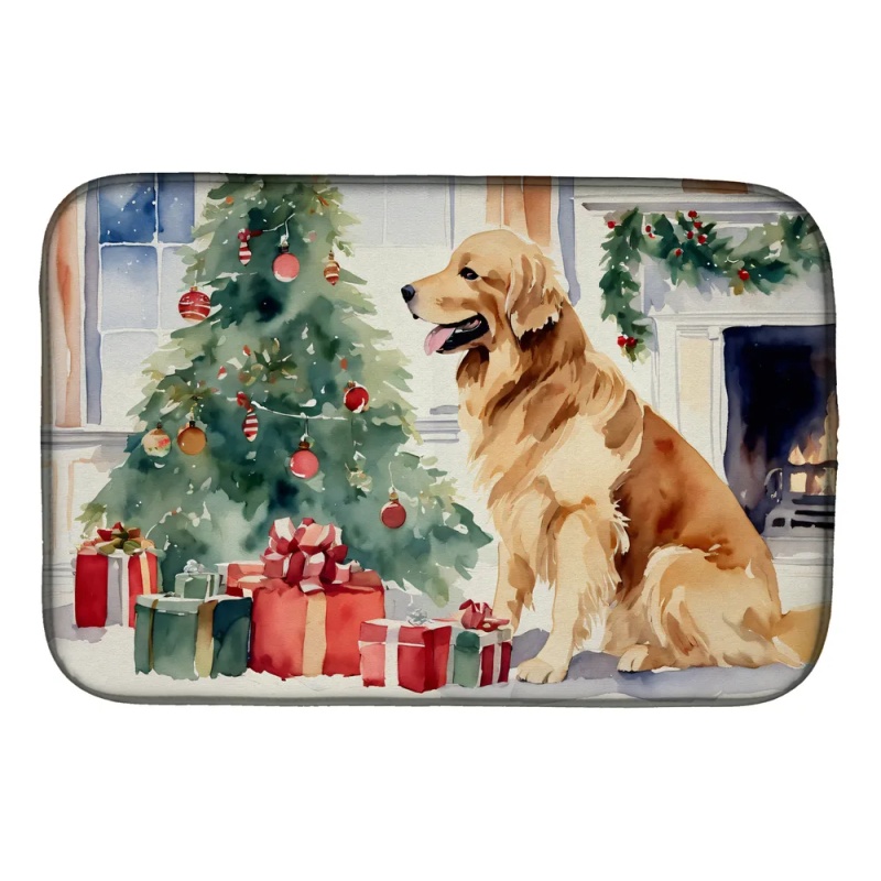 Golden Retriever Cozy Christmas Dish Drying Mat Absorbent Dish Drying Mat Pad for Kitchen Counter Dish Drainer Mat for Countertop, 14 x 21", Mult (Option: Default)
