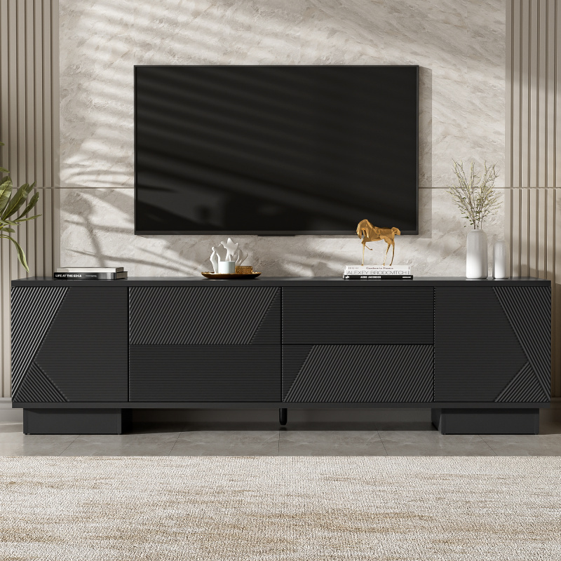 VIBE HAUS 70.8 Modern TV Stand For TVs Up To 75 Inches, Entertainment Center With Storage Cabinets, 4 Drawers And A Metal Center Leg, Minimalist (Option: Black)