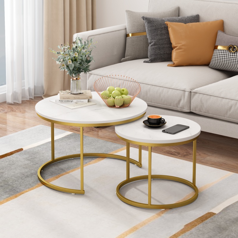 27.6in Nesting Coffee Table Set of 2, Round Coffee Table Wood Marble Pattern Top with Sturdy Metal Frame, End Table Side Tables for Living Room B (Option: White+Gold)