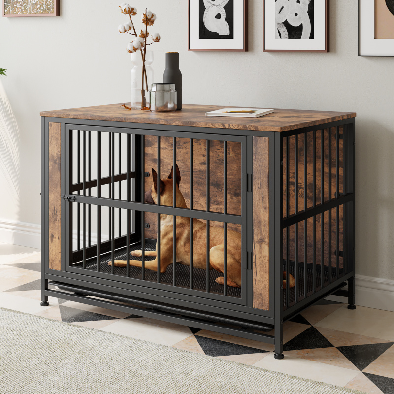 Dog Crate Furniture,  Wooden Dog Crate Table, 38.9" Dog Kennel with 2 Sliding Doors and Thick Iron Door Frame, Decorative Pet Crate House for Lar (Option: Black Brown)