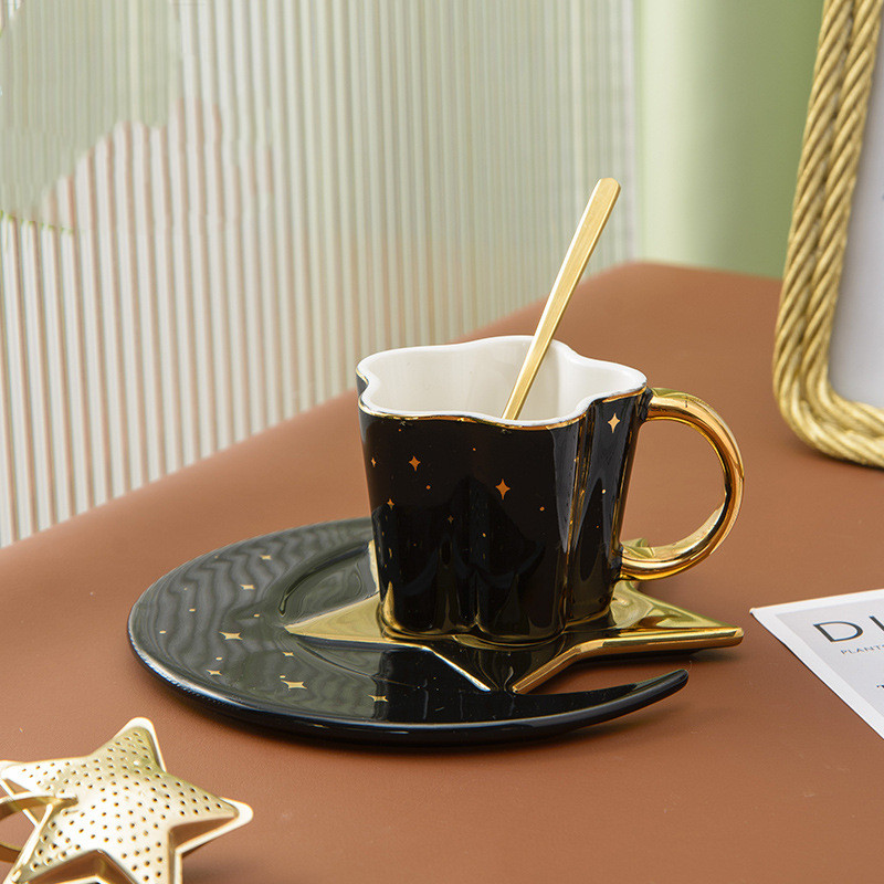 Creative Ceramic Cup With Star And Moon Saucer (Option: Black)