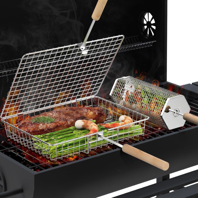 Grill Basket Set, BBQ Accessories For Camping & Outdoor Cooking (Option: Silver)