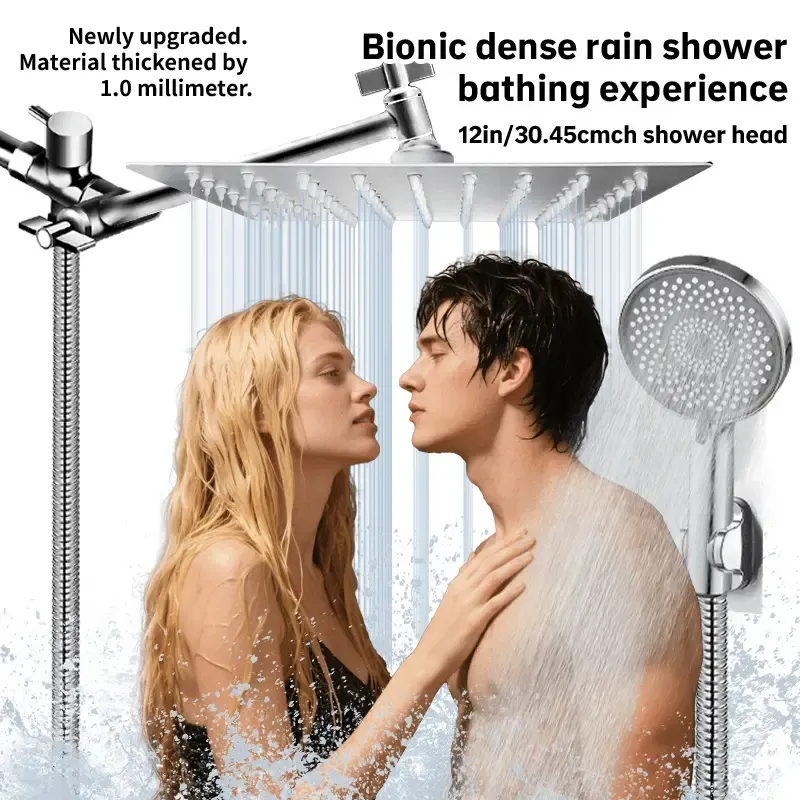 12-inch High-Flow Square Shower Head Set - Water-Saving Rain Shower With 3-Level Handheld Spray (Option: Exquisitesilver)
