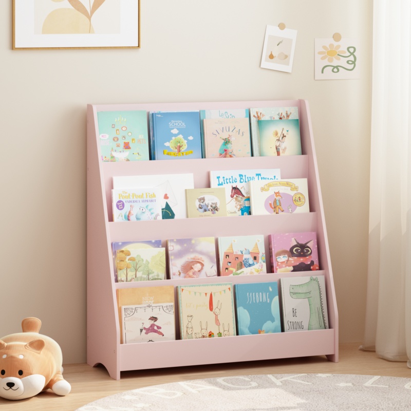 4-Tier Kids Bookshelf, Toddler Book Display Shelves, Helps Keep Bedrooms, Playrooms, and Classrooms Organized, MDF, Pink (Option: pink)