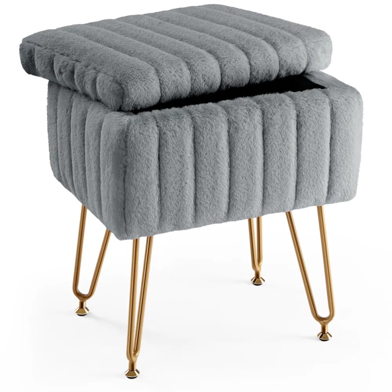 Vanity Stool Chair with Storage, Ottoman Faux Fur Soft Padded Makeup Footstools Seat with 4 Metal Legs Anti-Slip Adjustable Feet Modern (Option: Gray)