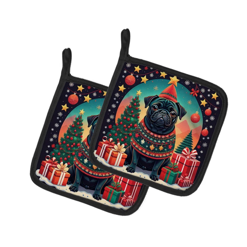 Black Pug Christmas Pair of Pot Holders Kitchen Heat Resistant Pot Holders Sets Oven Hot Pads for Cooking Baking BBQ, 7 1/2 x 7 1/2 (Option: Default)