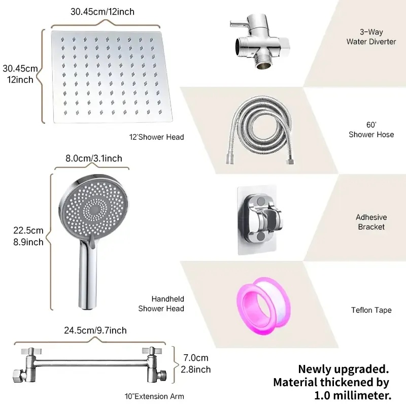 Complete Shower Solution - 12-inch Square Head + Adjustable Arm + Handheld For Versatility (Option: Exquisitesilver)