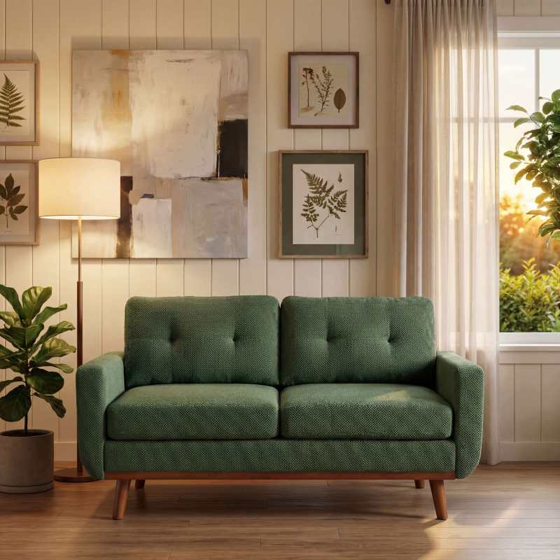 65-inch Modern Minimalist Two-Seater Sofa, featuring  nubby upholstery and solid wood legs (Option: Dark green)
