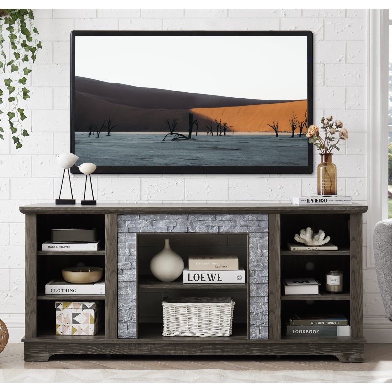 Mantel Stone TV Media Stand With With Faux Stacked Stone Surround, Modern Entertainment Console With Open Storage Space,Grey, 58.31Wx15.39Dx26.06 (Option: Grey)