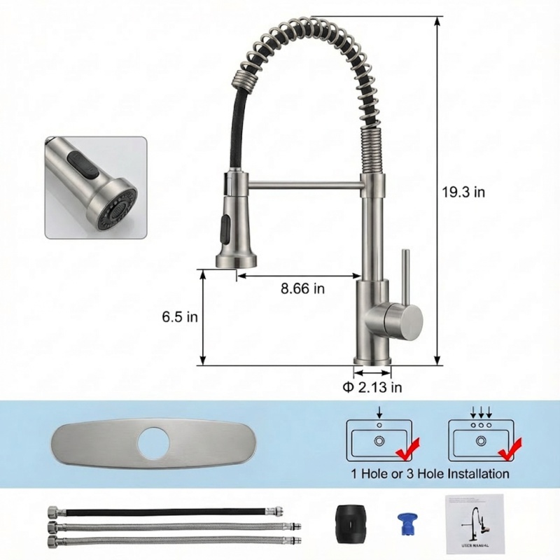 Industrial Kitchen Faucet With Pull Down Sprayer, Single Handle Stainless Steel Kitchen Faucet, 1 Or 3 Hole Installation, Farmhouse Style, Brushe (Option: 1)