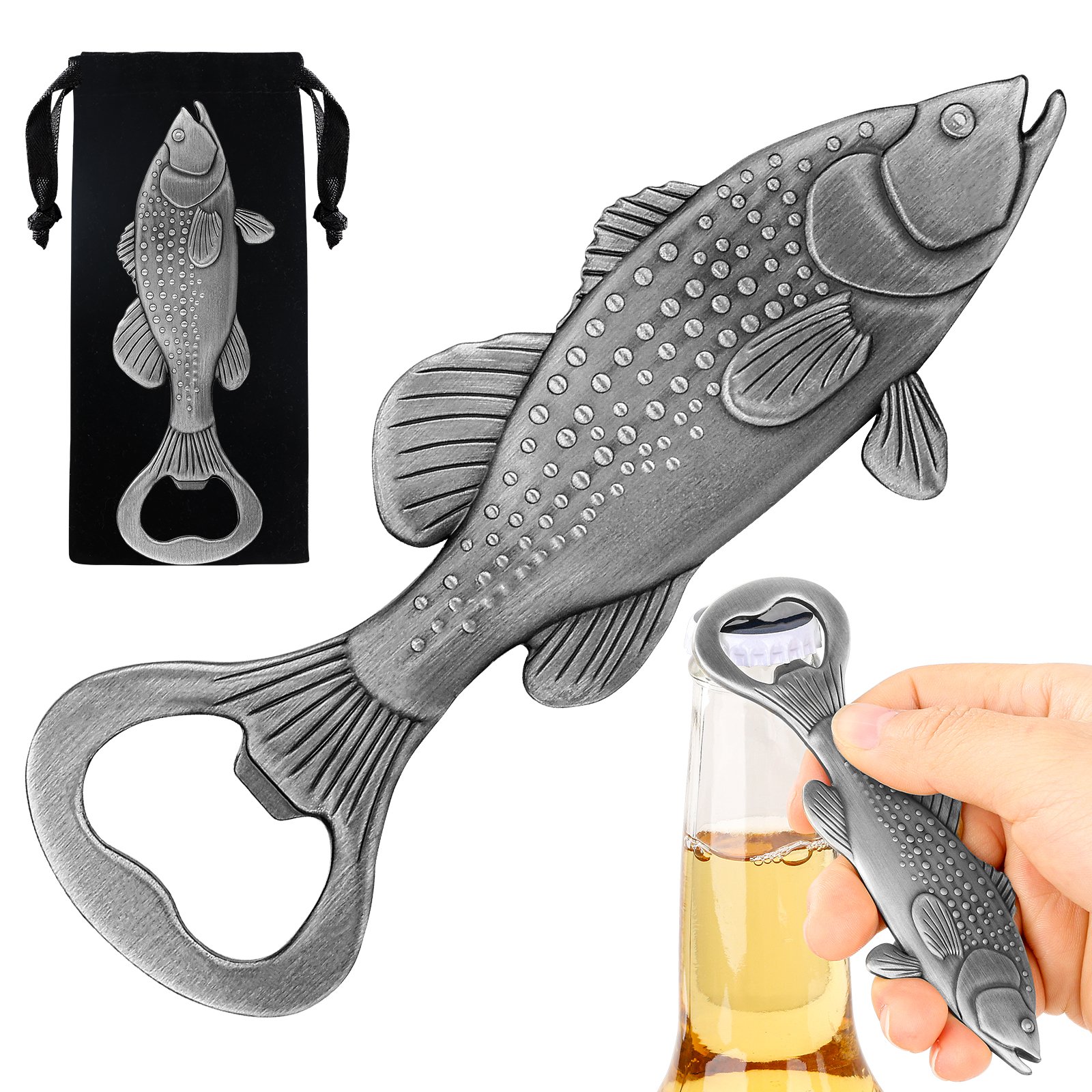 Creative Sea Bass Bottle Opener With Velvet Bag , Exclusive Gift For Fishing Enthusiasts, Bar Tool For Beer Enthusiasts, Ideal For Home And Bar U (Option: Dark Silver)