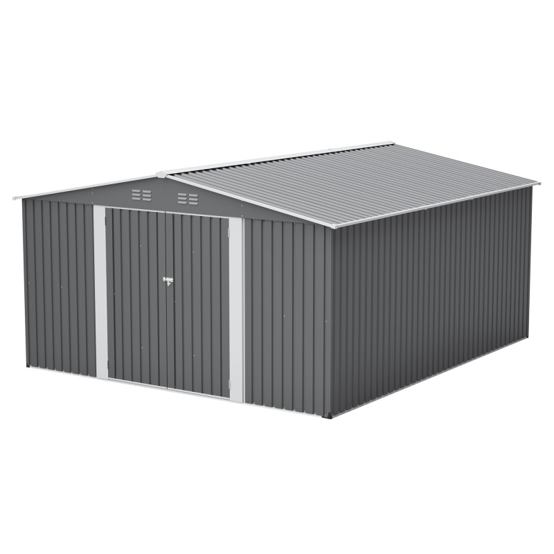 12×14 ft Outdoor Metal Storage Shed, Large Garden Tool Shed with Lockable Double Doors, Waterproof Yard Building, Patio, Light Gray (Option: Gray)