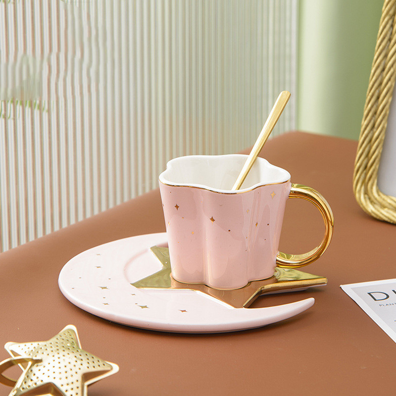 Creative Ceramic Cup With Star And Moon Saucer (Option: pink)