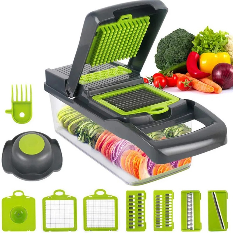 Vegetable Chopper Dicer with Container | Cheese Grater Mandoline Slicer Cabbage Shredder French Fry Cutter Stainless Steel for Veggie Onion Potat (Option: Grey)