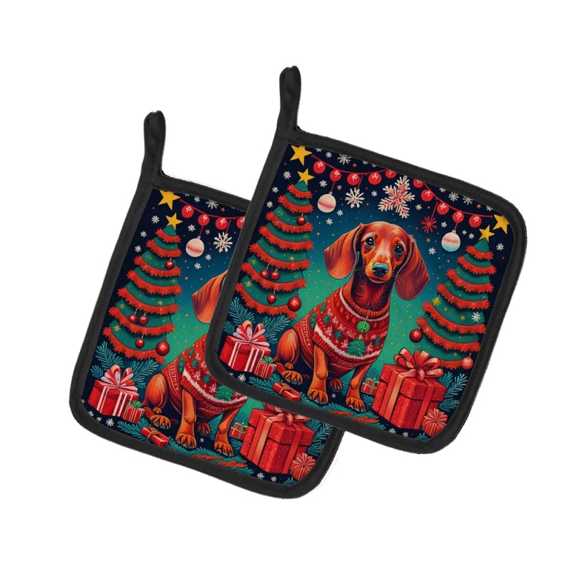 Dachshund Christmas Pair of Pot Holders Kitchen Heat Resistant Pot Holders Sets Oven Hot Pads for Cooking Baking BBQ, 7 1/2 x 7 1/2 (Option: Default)