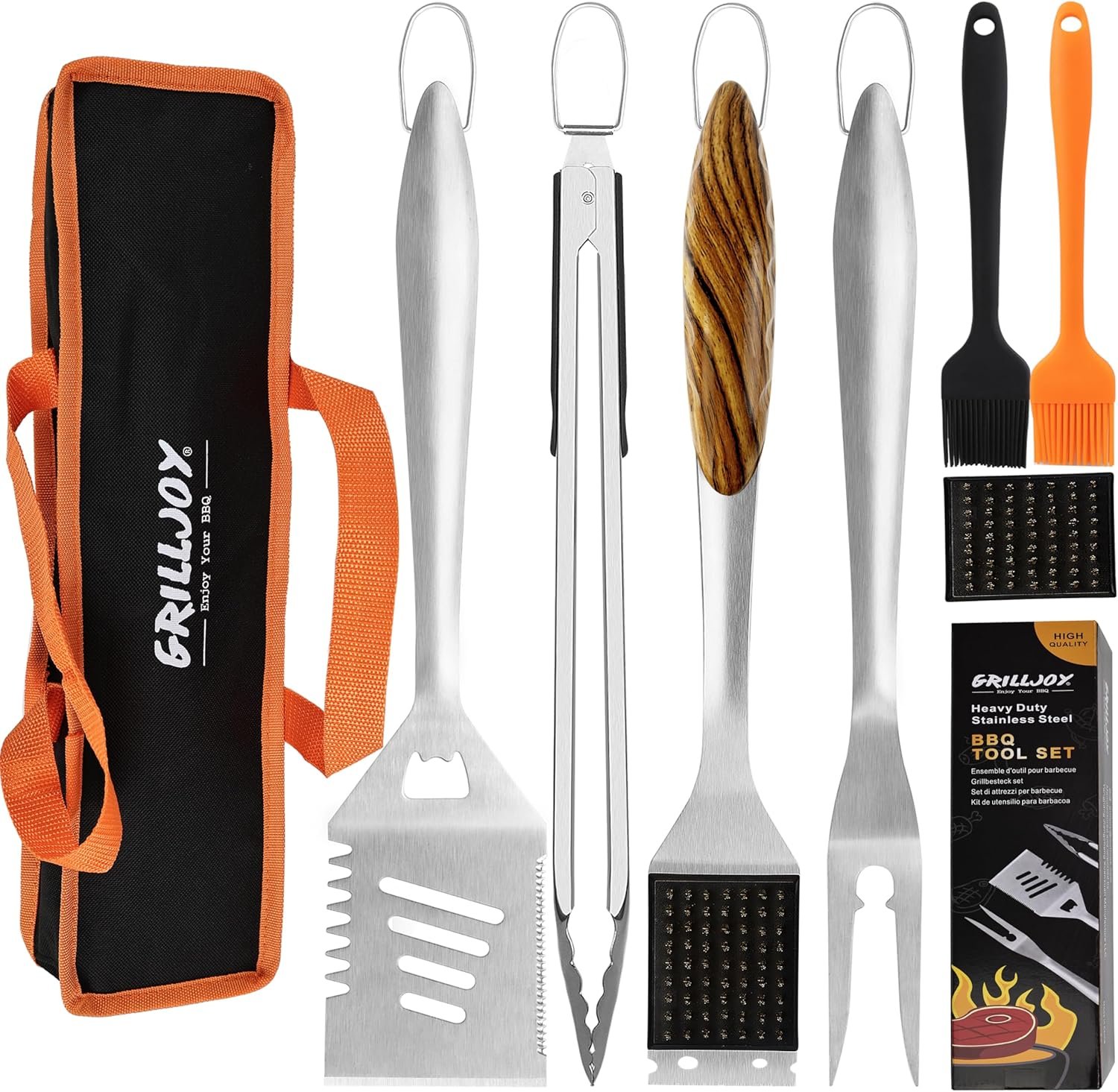 Grilljoy 8PCS Heavy Duty BBQ Grill Tools Set With Extra Thick Stainless Steel Spatula, Fork, Tongs & Cleaning Brush - Complete Barbecue Accessori (Option: Orange-Premium Stainless Steel)