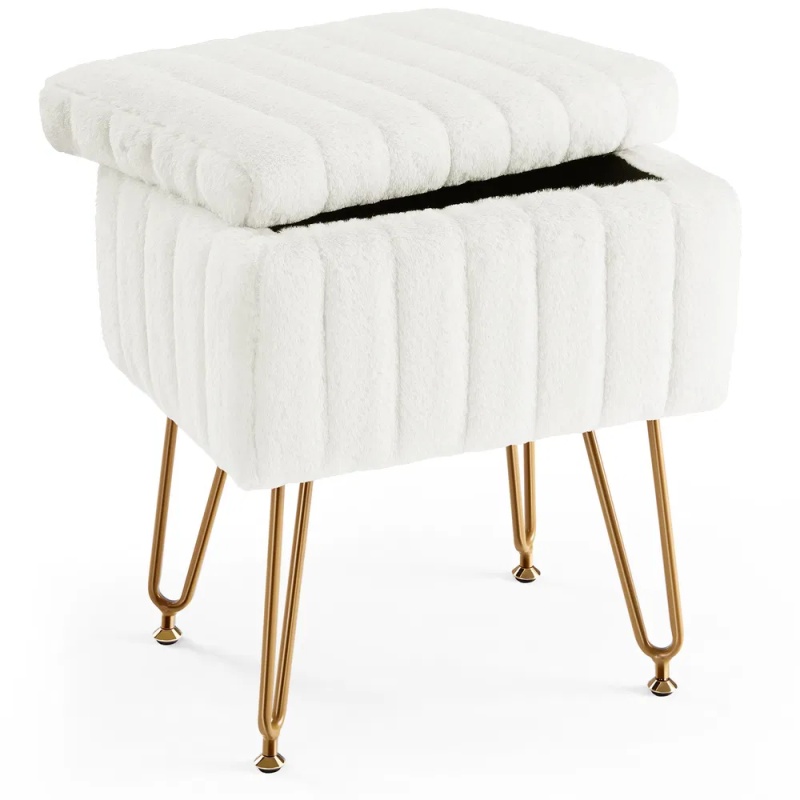 Vanity Stool Chair with Storage, Ottoman Faux Fur Soft Padded Makeup Footstools Seat with 4 Metal Legs Anti-Slip Adjustable Feet Modern (Option: White)
