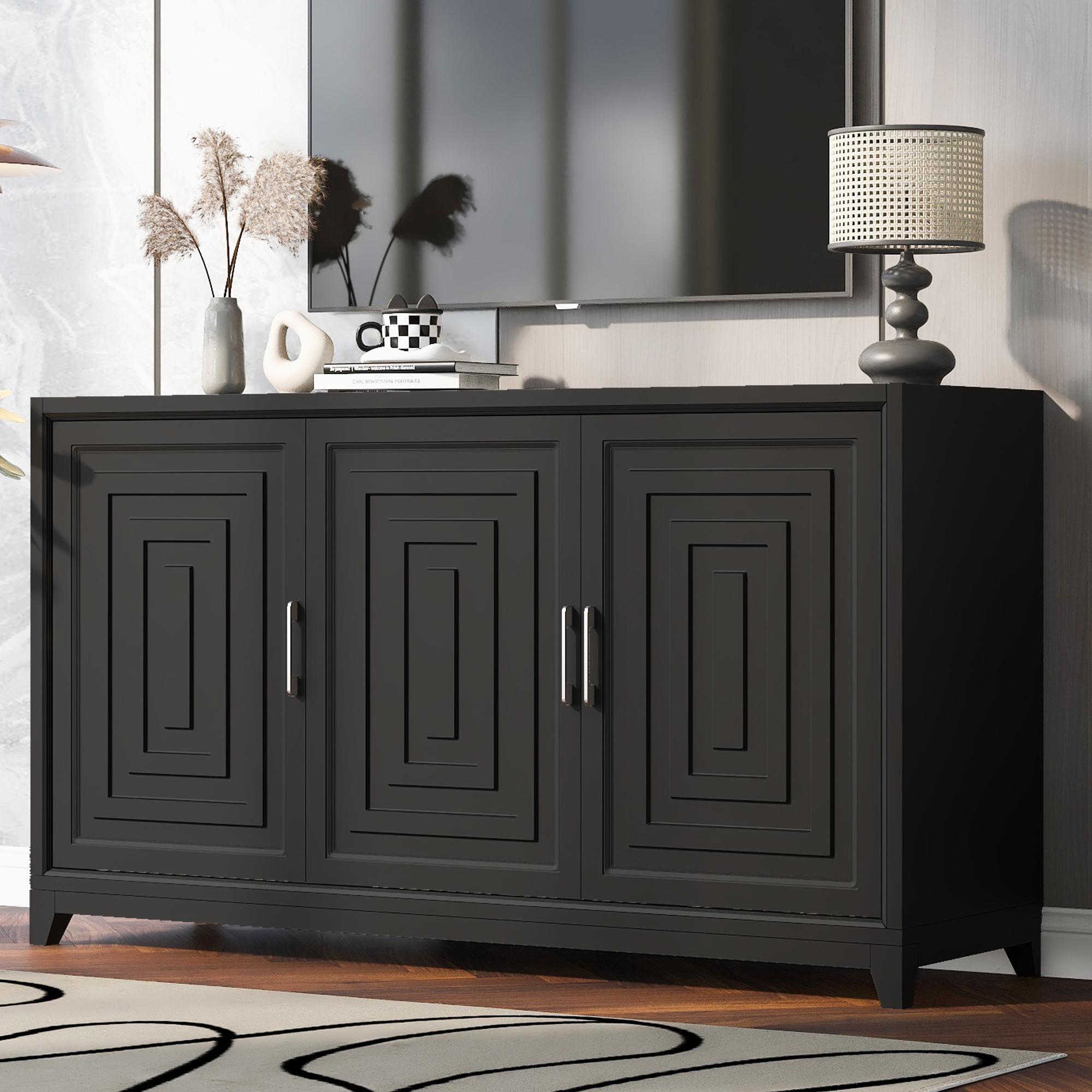 VIBE HAUS TV Stand For TVs Up To 65 Inches, Modern Entertainment Center Media Console Cabinet With 2 Spacious Storage Space, Solid Wood Legs For (Option: Black)