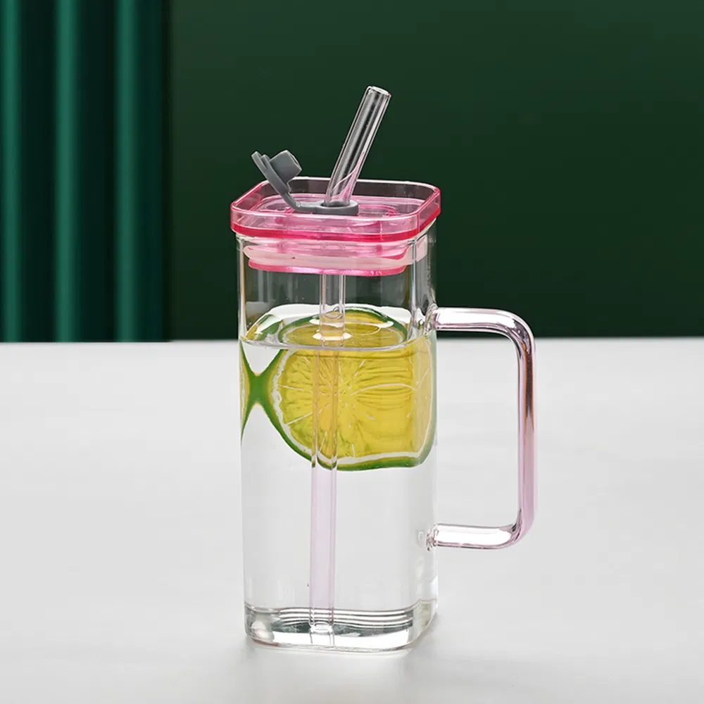 1 Pcs Pink Glass Straw Cup, 6 Colors Square Glass Cup With Straw And Lid, High Borosilicate Glass Cup, Milk Cup, Juice Cup, Cold Drink Cup, Coffe (Option: pink)