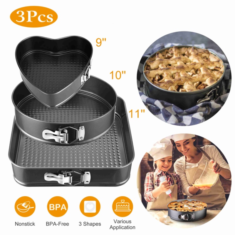 3 Pack Springform Baking Pans, Heart Round Square Shapes 9in 10in 11in Nonstick Cake Molds For Cheesecake, Dessert And Birthday Cakes (Option: 39032723)