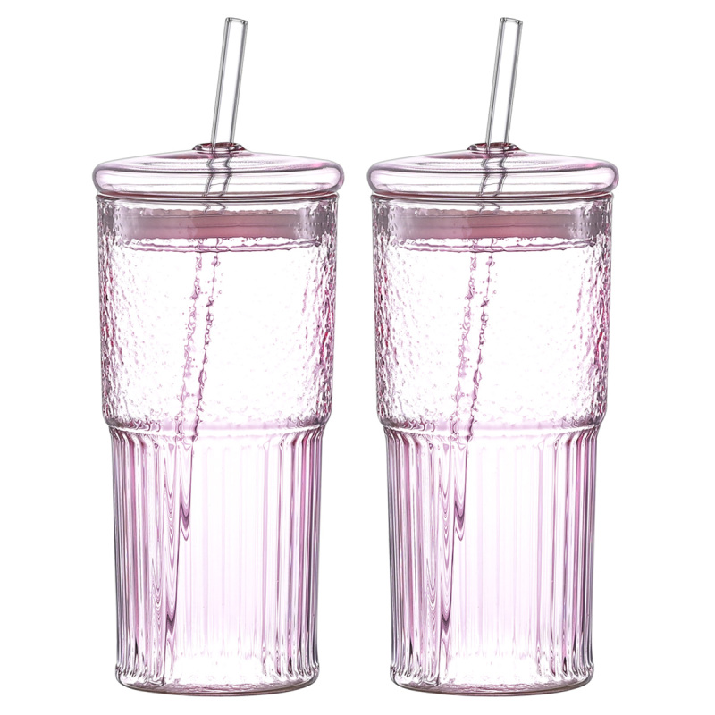 20 Oz 2-pack Pink Glass Straw Cup With Vertical Pattern Cup And Lid, High Borosilicate Heat-resistant Glass Cup For Juice, Milk And Cold Drinks (Option: Pink 2 pcs)