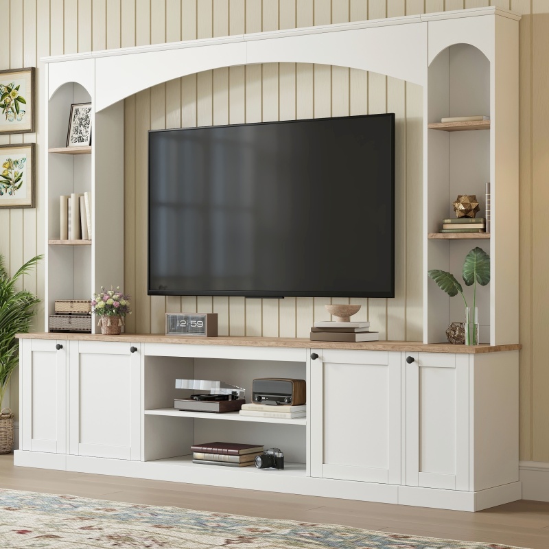 Elegant Arched Entertainment Center Wall Unit With Bookshelf, Farmhouse Large TV Stand With Wood Grain For TVs Up To 70, 91inch Stylish Media Con (Option: White)